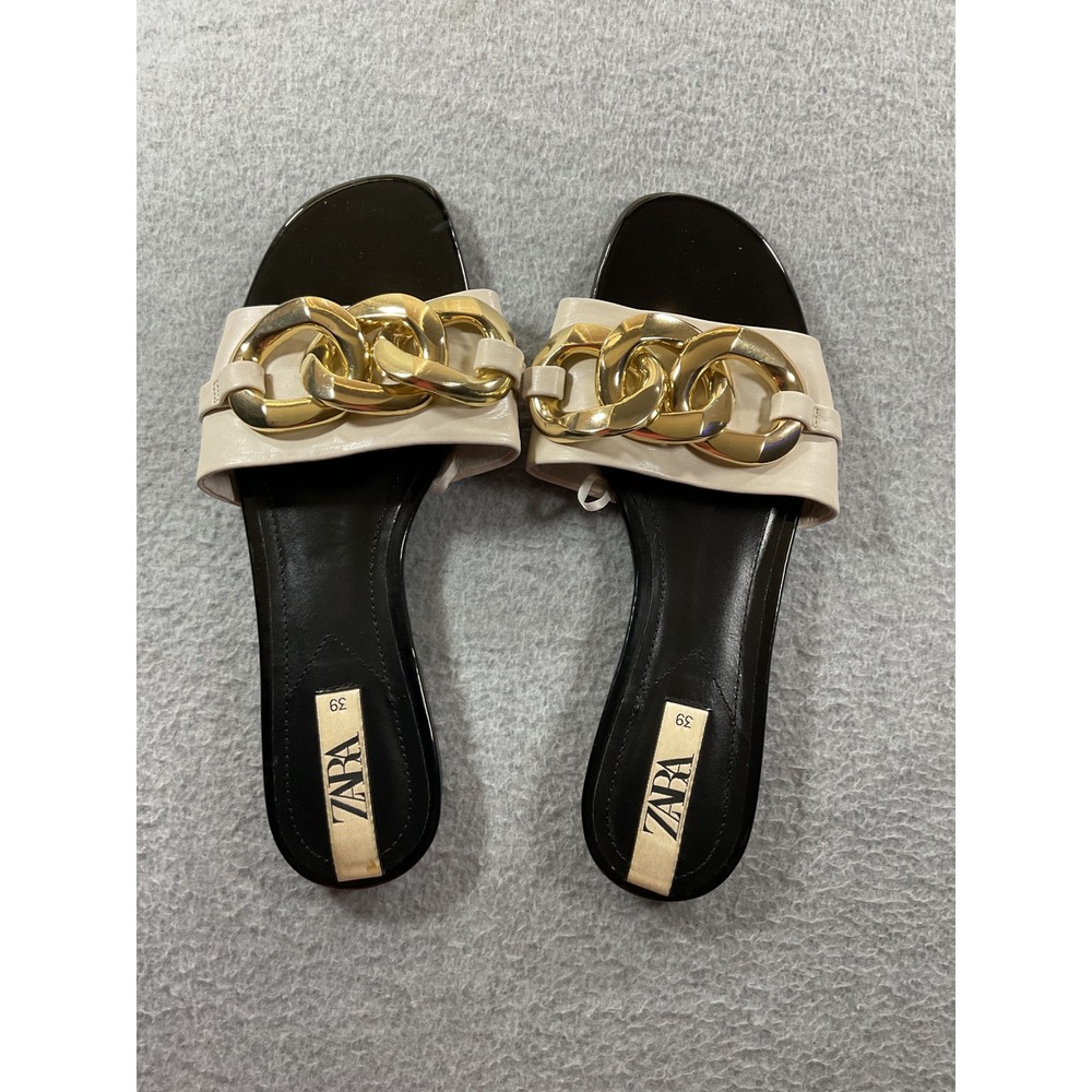 Zara Womens Flat Slide Sandals Gold Chain Link Cream Black Leather Size 39